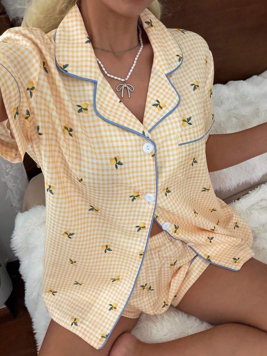CottageSlumber Women's New Lemon Plaid Print Button-Front Short Sleeve Shorts Pajama Set - Yellow - View 1