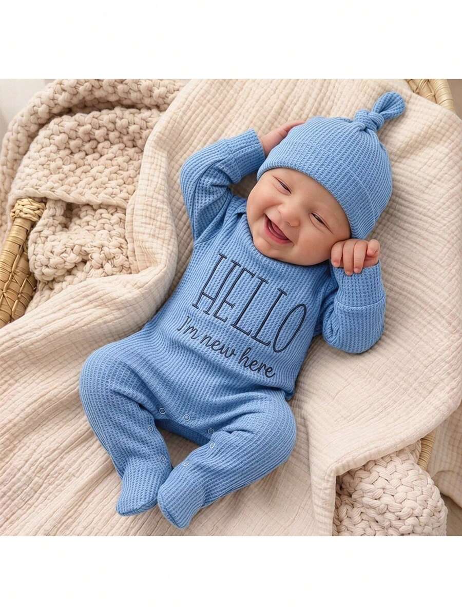 SHEIN Recién nacido bebé niña lindo casual mameluco de punto azul bordado pijamas - Azul - Ver 1