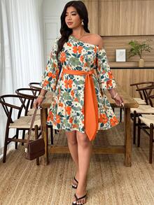 Weeklong Vestido corto bohemio de vacaciones con estampado floral naranja, hombro asimétrico, manga corta con volantes, talla grande - Multicolor - Ver 5