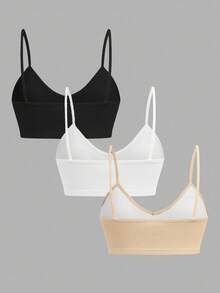 SHEIN 兒童 3 件組 青少年女孩簡約基本款 V 領加墊透氣內衣套裝 白色 黑色 杏色 全季款 - 彩色 - 查看 4