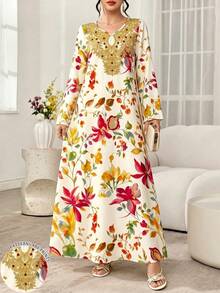 SHEIN Najma 花卉植物金領仿刺繡印花女款長洋裝，春夏時尚V領長袖洋裝，優雅阿拉伯風花卉長禮服，花卉圖案淺杏色長洋裝 - 彩色 - 查看 1