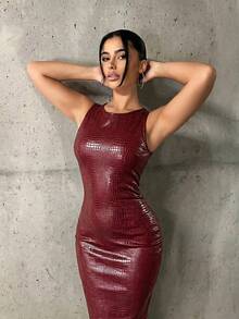 SHEIN ICON Robe longue élégante en PU à col rond et taille cintrée pour femmes, pour soirée - Rouge foncé - Voir 6