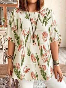 EMERY ROSE Blusa Plus Size com Gola Redonda, Estampa Floral Vintage Miúda, Manga Curta, Camadas, Top Casual para Férias de Verão e Feriados - Damasco - Ver 3