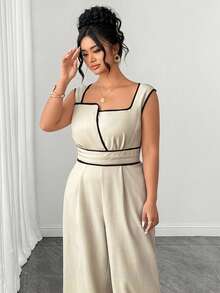 Linhara CURVE Plus Size Long Sleeve Contrast Trim Waist Cinched Long Jumpsuit For Women - Khaki - View 5