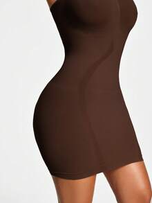 SHEIN Vestido miniajustado sin costuras y sin tirantes de unicolor para mujer - Marrón Chocolate - Ver 5