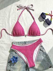 Swim Vcay 女款兩件式泳衣套裝，特殊面料，掛脖繫帶，露背，貝殼設計，夏季度假海灘 - 彩色 - 查看 4