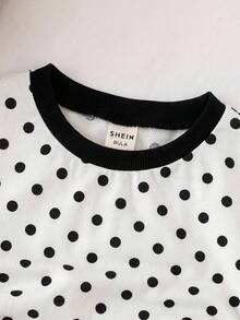 SHEIN 2件組少女休閒簡約風運動波點印花新款印花T恤搭配寬鬆長褲兩件套，日常穿著，春夏運動季度假穿搭 - 白色 - 查看 4