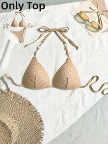 SHEIN Swim Women's Bikini Top With Baker Chain Decoration,Summer Beach - Khaki - View 2