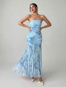 Firerie Women's Light Blue Floral Printed Pleated Bandeau Vacation Fashion Dress Holiday Vacation Summer Tropical - Blue - View 5