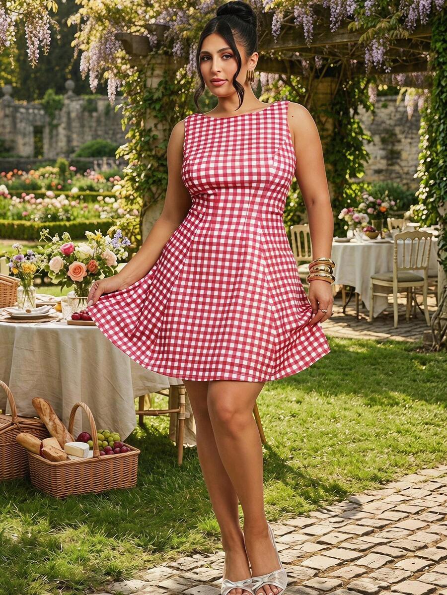 SHEIN BAE CURVE 大码女式格子休闲简约日常夏季连衣裙 - 彩色 - 查看 1