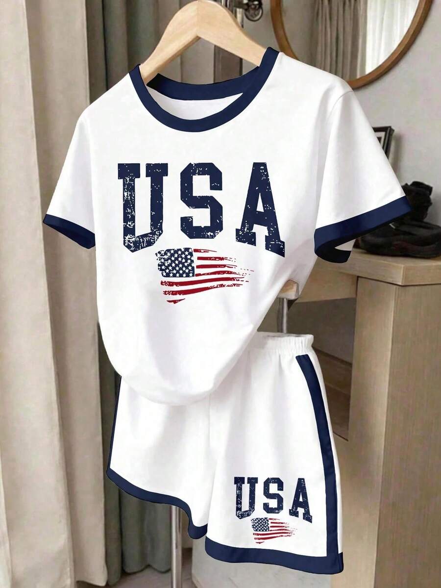 夏秋休閒時尚女童休閒簡約美式愛國印花短袖T恤美式復古印花設計短褲2件套個性化百搭套裝夏季女童幼兒T恤短褲套裝適合4-7歲女童四季穿著美國 - 白色 - 查看 1