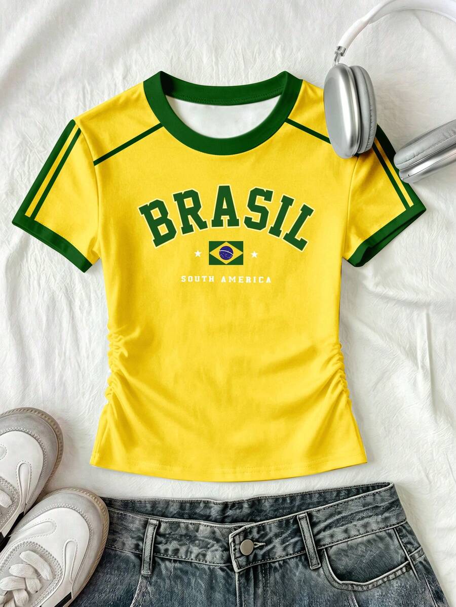 Kaos Anak Perempuan Premium Kreatif dan Personalisasi Gaya Kasual, Pakaian Sehari-hari Serbaguna, Cetak Digital Huruf & Pola Brasil, Leher Bulat, Pinggang Ramping, Atasan Lengan Pendek - MultiWarna - View 1