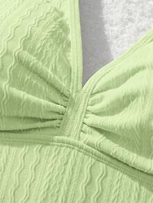 SHEIN MOD Neck Tie Front Ruched Knit Jacquard Pink Swimsuit Top - Green - View 5