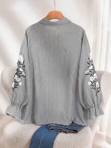 CosyJoli Plus Size Women's Casual Striped Long Sleeve Shirt, Embroidered Shirt, Button-Up Blouse Top - Black and White - View 3