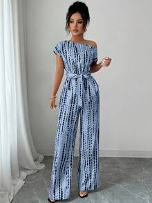 Elenzga 女士夏季套装，不对称肩部蝙蝠袖，系带腰身修身裤，松紧腰直筒裤，针织印花面料，优雅青春百搭的日常穿着 - 彩色 - 查看 5
