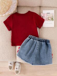 SHEIN Playful Pals 嬰兒/幼童 2件套甜美時尚潮流蝴蝶結毛巾刺繡圓領短袖紅色T恤搭配蝴蝶結裝飾牛仔短褲夏季休閒簡約T恤套裝 - 紅色 - 查看 5