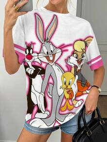 LOONEY TUNES X SHEIN Women's Fashion Cute Striped Contrast Color Short Sleeve T-Shirt - White - View 4