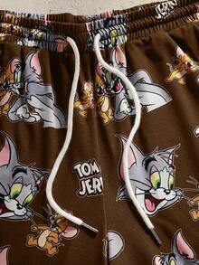 TOM & JERRY X SHEIN 男士圓領字母卡通圖案短袖上衣與短褲休閒日常家居服套裝 - 棕色 - 查看 5