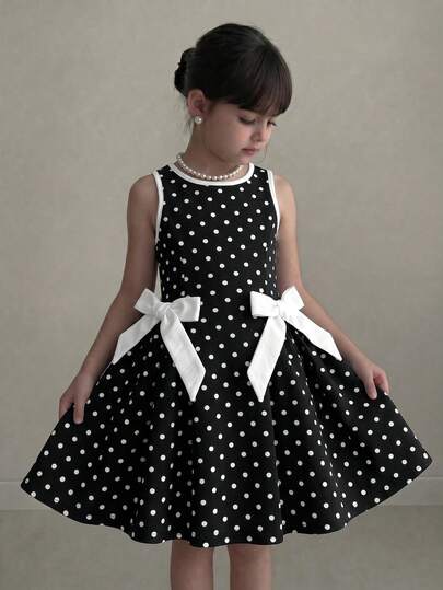 SHEIN Young Girl Black And White Polka Dot Contrast Bow Sleeveless Dress Cute Vacation Style