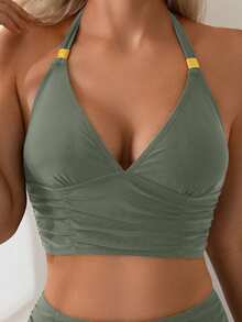 Swim Lushoire 女款小方金屬肩帶掛脖繫帶比基尼上衣 - 軍綠色 - 查看 4