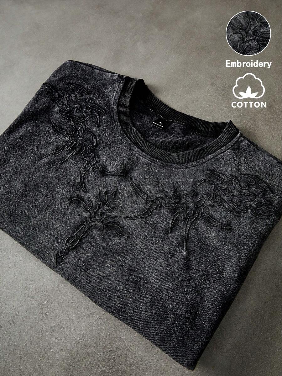 PAVTROS Camiseta Preta Bordada com Cruz Desgastada, Estilo de Rua, Muito Vendida, Adequada para Festivais de Música ao Ar Livre, Passeios Casuais, Presentes para Namorado/Marido, Aniversário - Preto - Visão 1