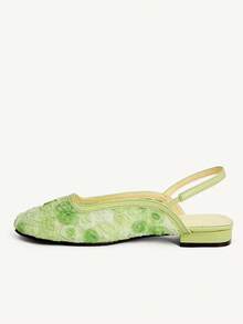 CUCCOO CHICEST Sepatu Wanita Musim Semi dan Musim Panas Model Baru Ujung Bulat Hijau Gaya Peri Prancis Mary Jane Sepatu Datar Jala Sepatu Bermotif Bunga yang Bernapas - Hijau - View 6