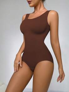 SHAPORA Women's Solid Color Round Neck Buttoned Bodysuit - Coffee Brown - View 5
