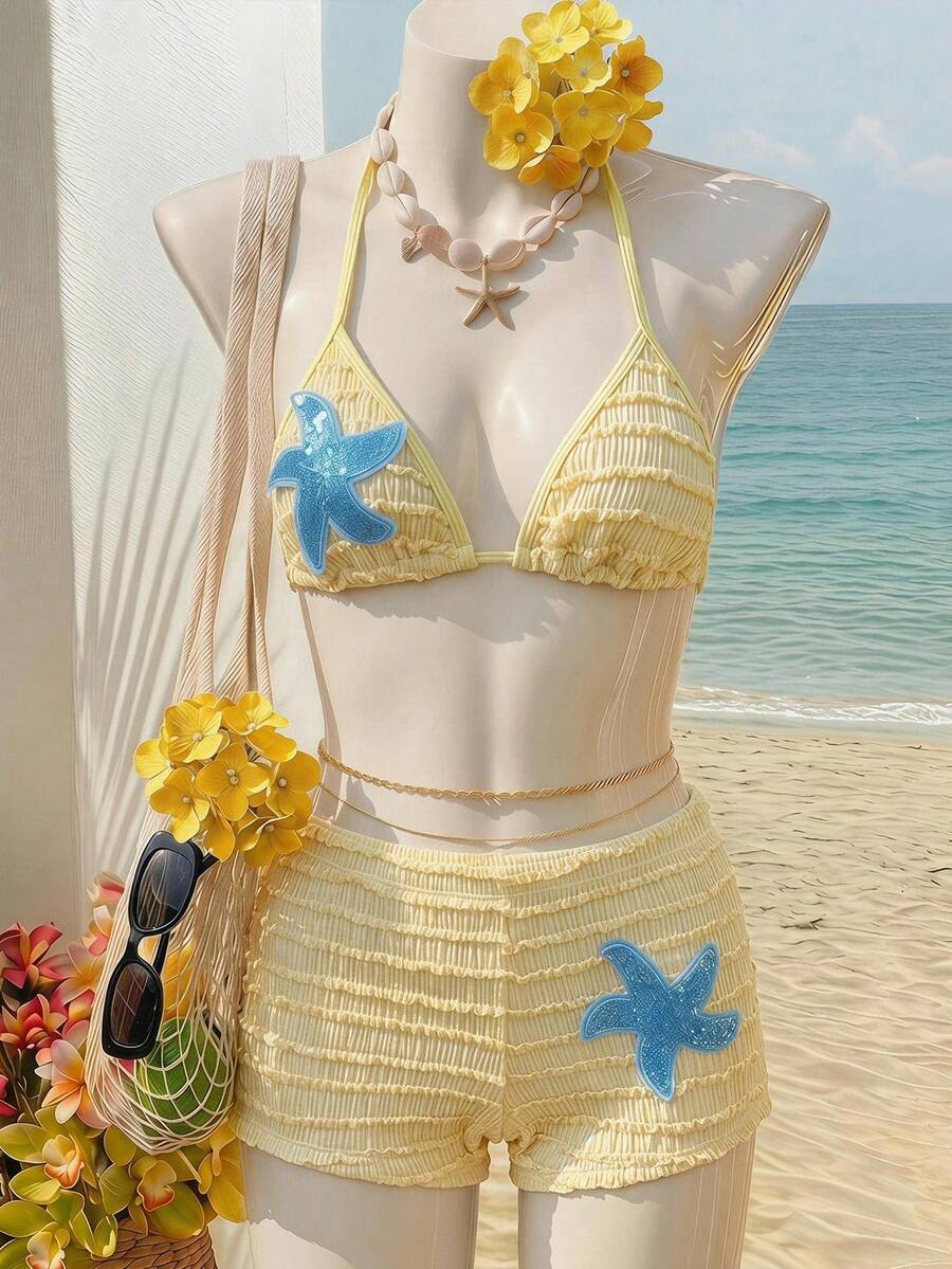 SHEIN 青少年女孩奶油黃針織提花海星裝飾細肩帶比基尼上衣與短褲度假泳裝套裝 - 黃色 - 查看 1