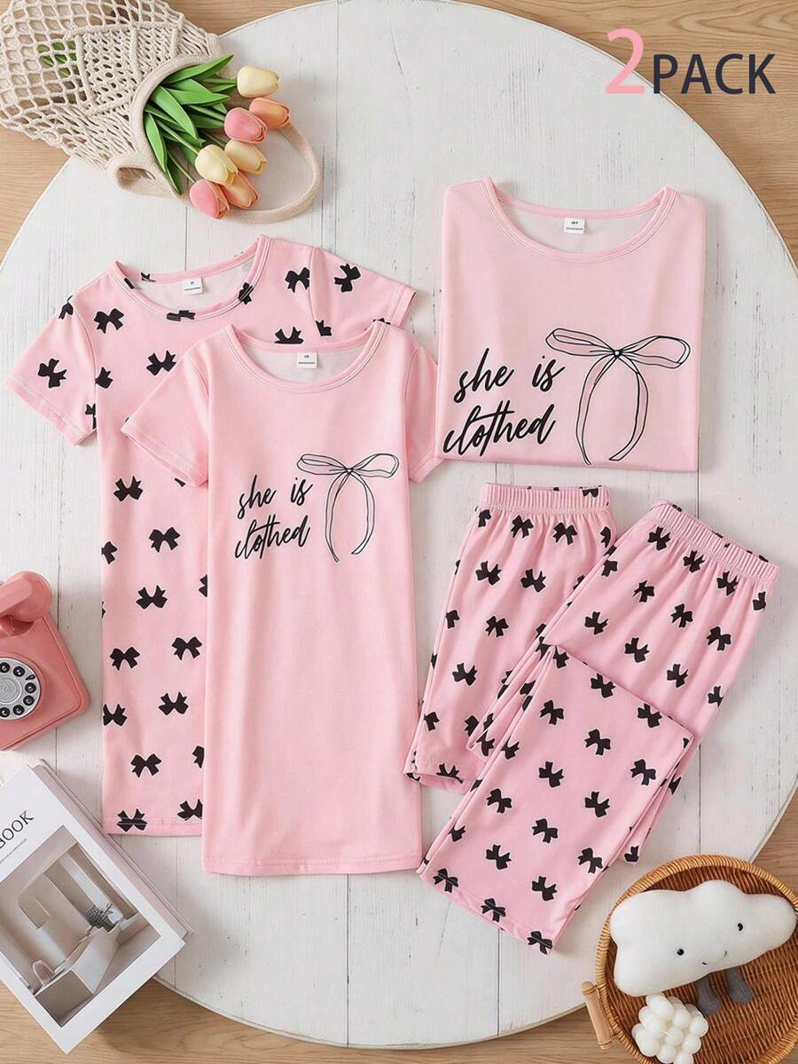 2pcs/Set Girls' Simple Fashion Pink & Grey Cute Cartoon Sheep Print Short Sleeve Long Nightgown Loungewear - Baby Pink - View 1