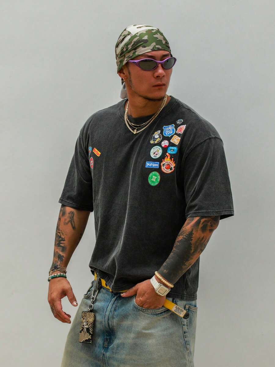 DAZY 男士短袖黑色水洗做舊圖案印花短版街頭風夏季T恤 - 黑色 - 查看 1
