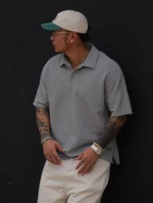 DAZY 夏季素色 Polo 領灰色紋理面料男士 T 恤 - 灰色 - 查看 4