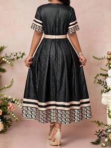 Fleurora Plus Size Summer Elegant Color Block Geometric Print Dress - Multicolor - View 2