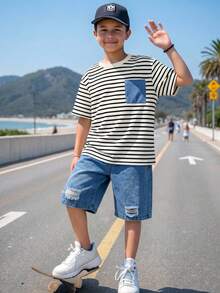 兒童青少年男孩 2件/套 春夏休閒可愛條紋短袖T恤針織上衣與牛仔短褲套裝，適合返校穿著 男孩校服 返校服 - 黑與白 - 查看 5