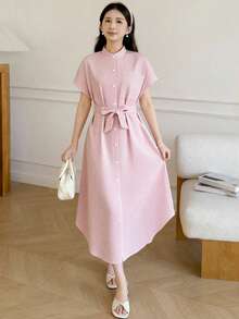 SHEIN 1 pieza Vestido corto de manga corta de moda casual de verano para adolescentes, de cuello alto, a rayas rosa, de corte holgado, con abertura en el bajo y cinturón, adecuado para uso diario, compras, vacaciones y talla grande - Rosa - Ver 3