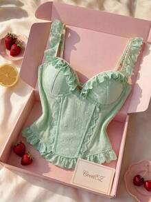 CovetEZ Women's Contrast Color Pleated Fitted Versatile Elegant Cute Romantic Daily Birthday Brunch Going Out Outing Top Light Green Summer - Green - View 4