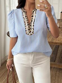Weeklong Blusa holgada de mujer talla grande para primavera/verano, casual de vacaciones, con estampado de rayas & leopardo, patchwork y mangas gigot - Multicolor - Ver 7