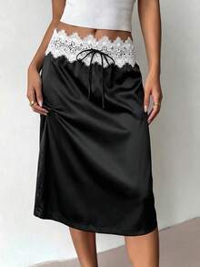 Modelyn New Summer Black Satin Ruffle Hem Mini Skirt Slimming Fashionable Elegant French Women's Skirt Bar Party - Black - View 2