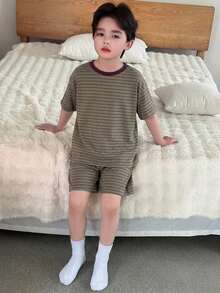 Dazy Kids 青少年男孩條紋短袖上衣與短褲家居服套裝 夏季 - 卡其色 - 查看 5