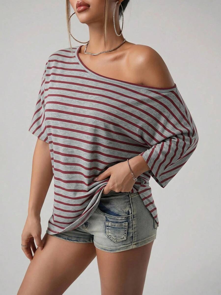 SHEIN ICON Women's Casual Asymmetrical Shoulder Short Sleeve Striped Top - Multicolor - View 1