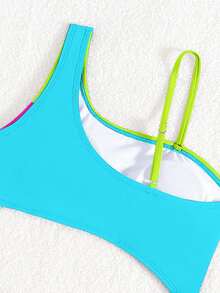 SHEIN Tween Girl Color-Block Asymmetric Neckline One-Piece Swimsuit, Hollowed-Out Waist Design Purple Beach Outfit Summer Holiday - Multicolor - View 4