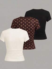 Qadelle Women Side Ruched Slim T Shirt, Stretch Crew Neck Crop Y2K Basic Top 3 Colors - Multicolor - View 2