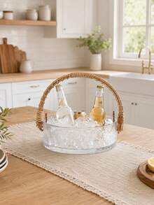 Madebyblanc 1PC Multi-Functional Glass Fruit Bowl With Rattan Handle - Durable Hammered Glass Basket, 3-In-1 Fruit Holder Snack Tray Ice Bucket, Space-Saving Kitchen Organizer, Heat Resistant Serving Dish, Perfect For Home Kitchen Bar Office - Multicolor - View 4