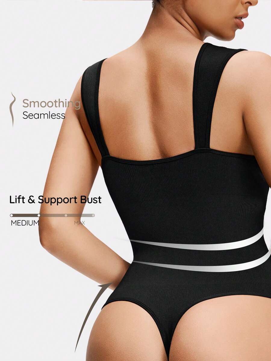 SHAPORA 1pc Women's Solid Color Minimalist Everyday Waist & Abdomen Shaping Jumpsuit, Comfortable Crotch With Snap Buttons, Easy To Put On And Take Off - Black - View 1