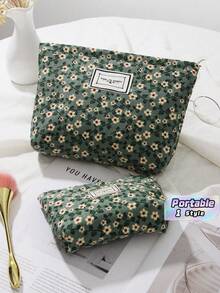 1 Set Of Green Retro Floral Portable Makeup Bag, Fashionable And Casual Large Capacity Zipper Makeup Bag, Travel Storage Stationery Bag, Essential Makeup Bag For Vacation - Green - View 1