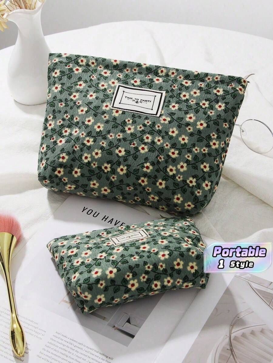 1 Set Of Green Retro Floral Portable Makeup Bag, Fashionable And Casual Large Capacity Zipper Makeup Bag, Travel Storage Stationery Bag, Essential Makeup Bag For Vacation - Green - View 1