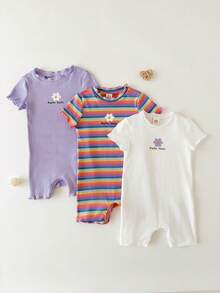 Cozy Pixies Conjunto 3 Peças Macacão Infantil Menina Estampa Floral Listrada Tricô Macio Gola Redonda Manga Curta - Malva - Visão 6