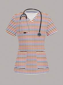 PopScrub Atasan Seragam Scrub Wanita dengan Motif Garis-Garis Warna-warni, Cocok untuk Rumah Sakit Anak dan Hewan Peliharaan - MultiWarna - View 7