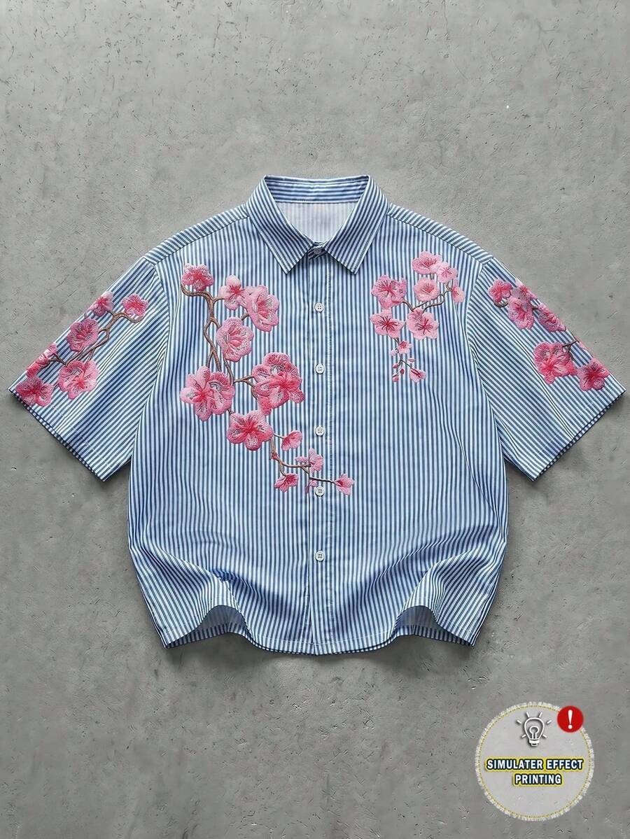 GENTILAND 男士條紋花卉印花露營領襯衫，淺藍色與粉色短袖鈕扣式，度假風 - 彩色 - 查看 1