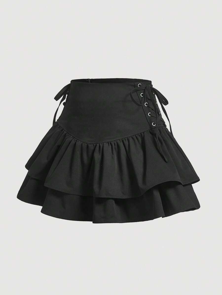 SHEIN MOD Lace Up Side Ruffle Hem Skirt - Black - View 1