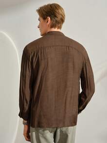 VeloEdit Men's Solid Color Long Sleeve Single Breasted Pocket Loose Casual Baggy Shirt, Woven, Wrist-Length Collar Coffee Brown, Autumn, Fall Front - Coffee Brown - View 3